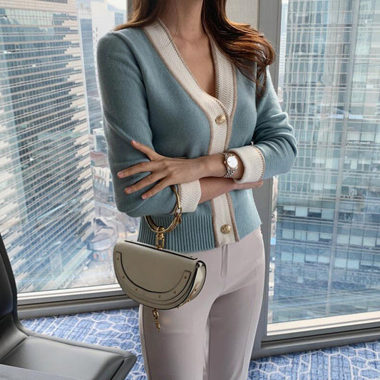Chic Contrasting-Color V-Neck Knitted Cardigan For Women