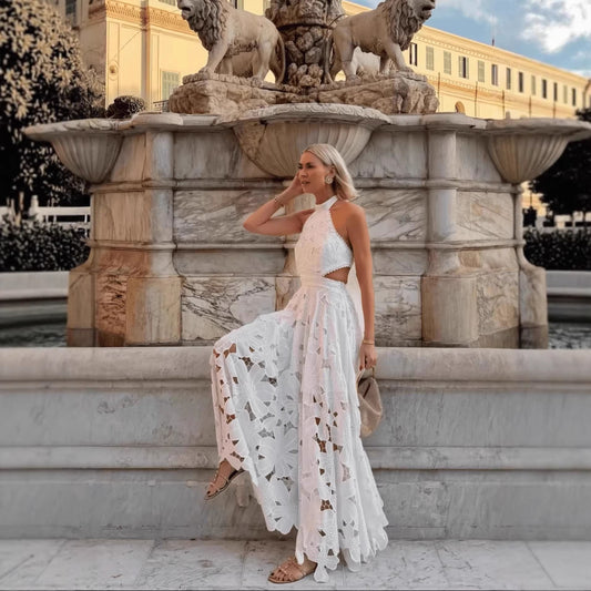 Lace Hollow-Out Crochet Halter Neck Backless Dress
