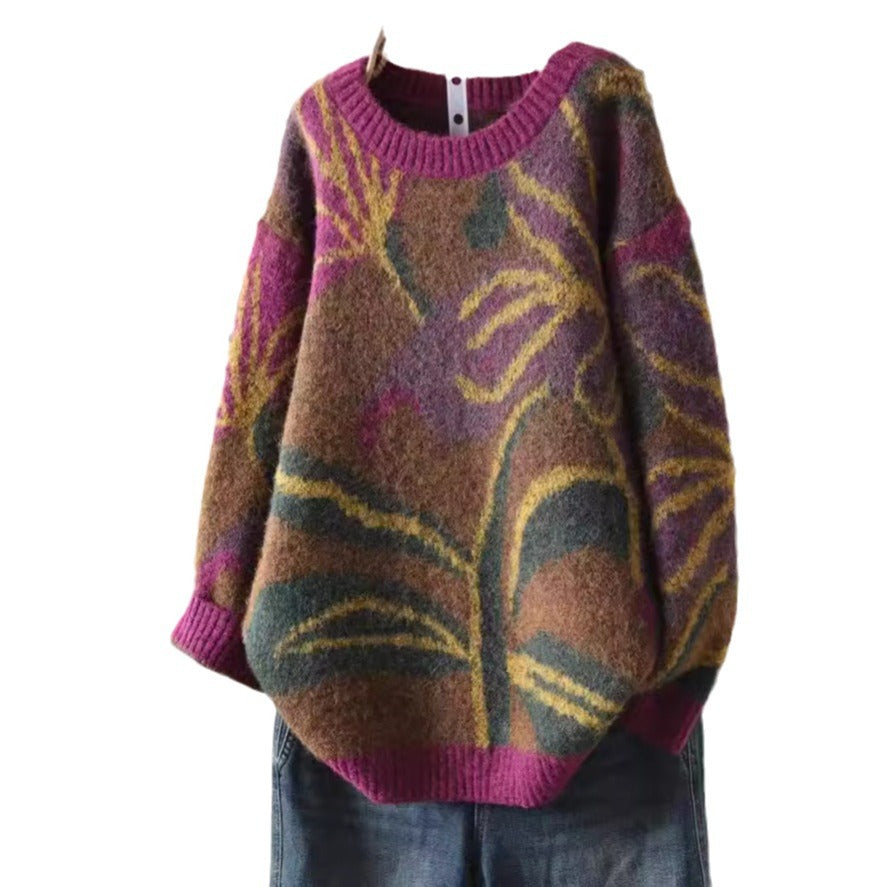 Round Neck Floral Print Retro Style Artistic Sweater