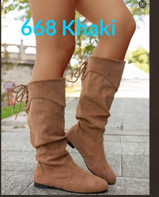 Womens Highshaft Pleated Suede Chunkyheel Boots