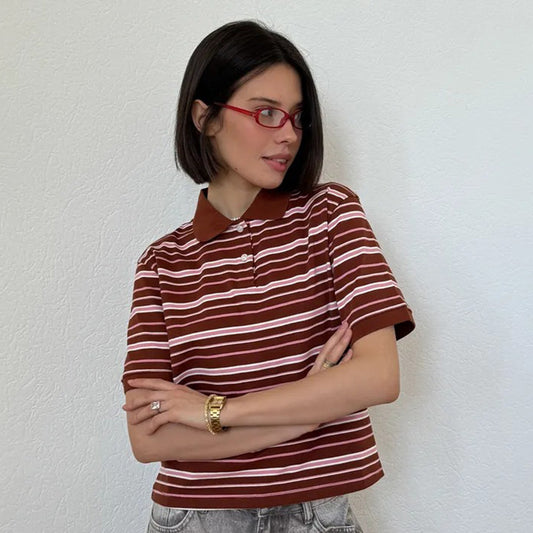 Striped Short-sleeved T-shirt Retro Contrast Color Polo Shirt