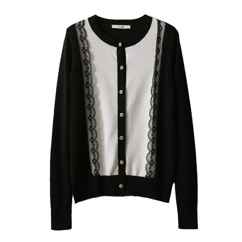 Slimming Lace Patchwork Round Neck Knitted Cardigan Sweater