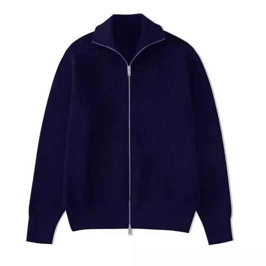 Mens Cardigan Sweater With Stand Collar And Zipper Jacket