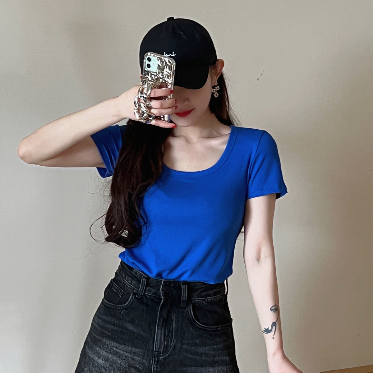 Threaded Cotton Short T-Shirt Versatile Round Neck Half Sleeve Top