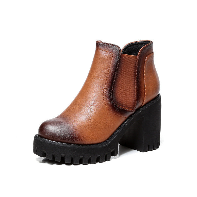British All-match Leather Shoes Thick Heel Women's Casual High Heels