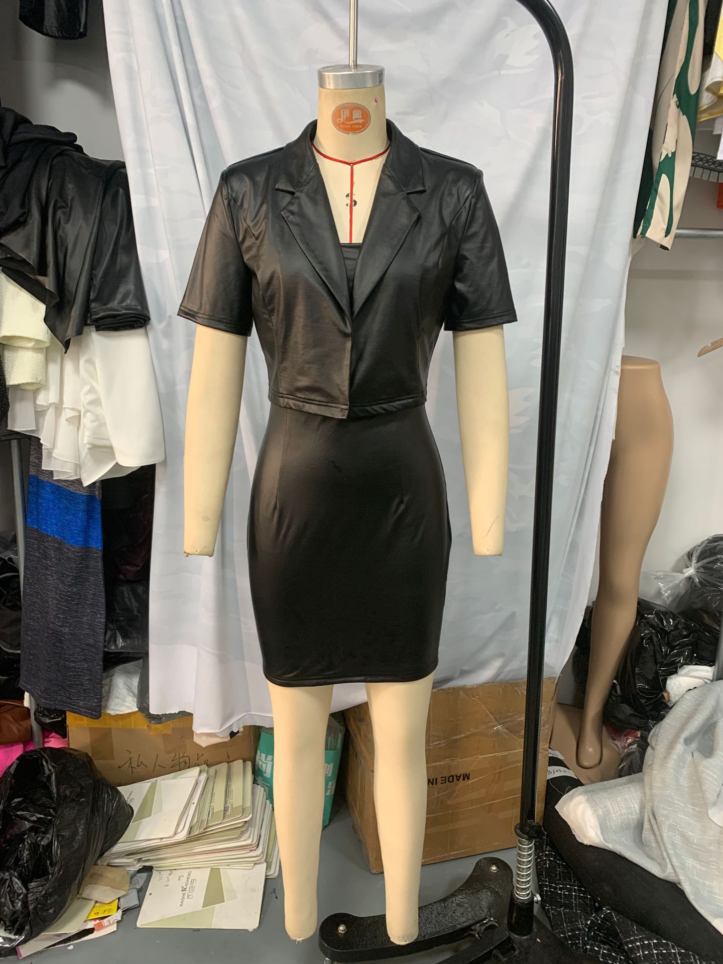 Womens Three Quarter Sleeve PU Leather Blazer Sleeveless Dress Two Piece Set