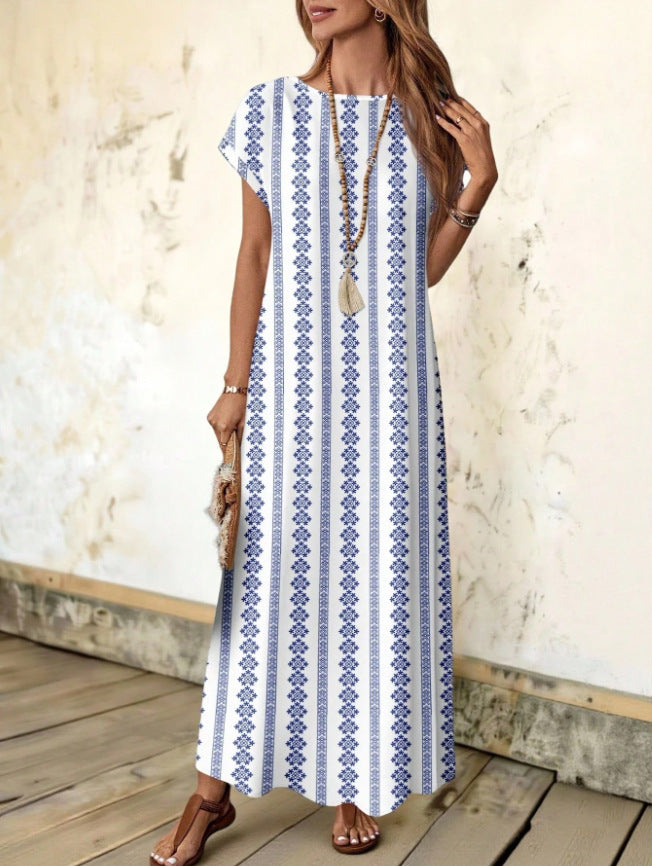 Printed Short-sleeve Crew-neck Dress Women's Clothing