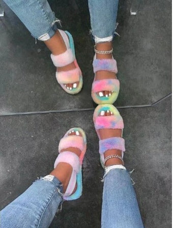 Thick Sponge Cake Colored Plush Medium Heel Warm Cotton Slippers