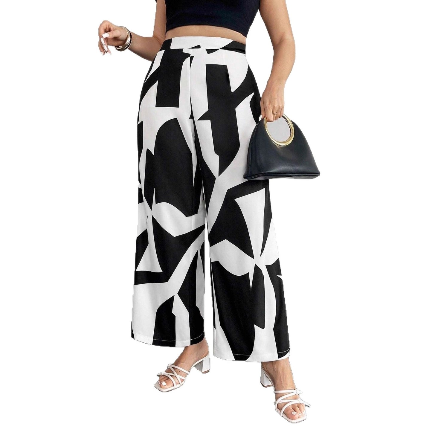 Womens High-Waisted Wide-Leg Pants With Geometric Print Straight-Leg Womens Trousers