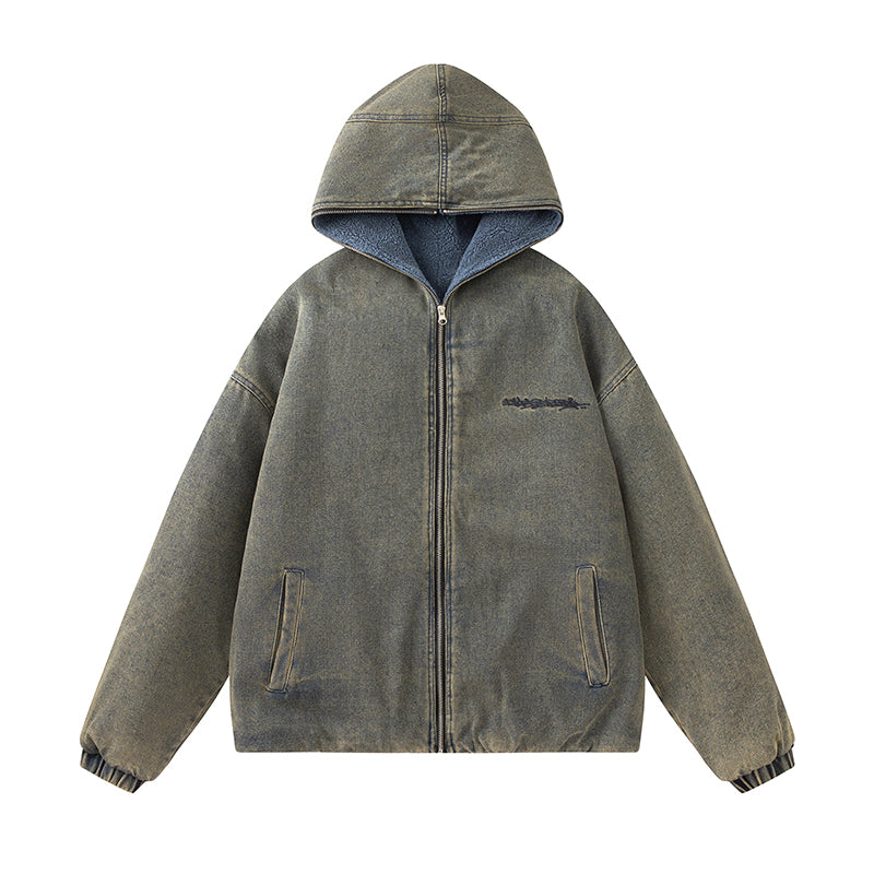 Thick Lambskin Coat Men's Hooded Denim Cotton Jacket