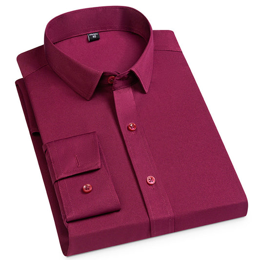Men's Spring Long Sleeve Solid Color No Pocket Business Casual Stretch Shirt