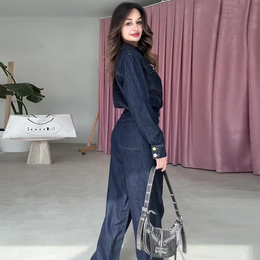 New Womens Dark Blue Casual Straight Jeans Two-Piece Set