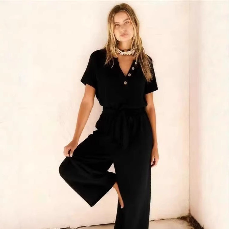 New Womens V-neck Buttoned Short-sleeve Wide-leg Pants With A Tie