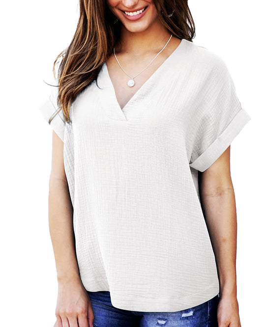 Short Sleeve V Neck Loose Shirt Solid Color Casual Top Women