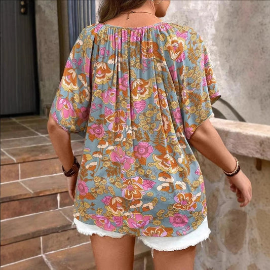 Womens Relaxed-fit V-neck Mid-sleeve Printed Top