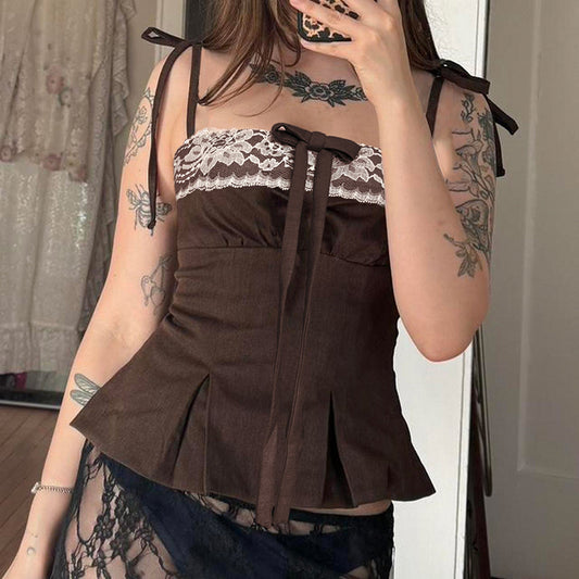 Girly Style Lace With Bow Splicing Sling Sweet Contrast Color