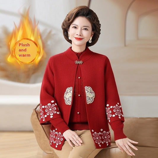 Middle-aged And Elderly Women's Knitting Sweater Cardigan Autumn And Winter Two-piece Set