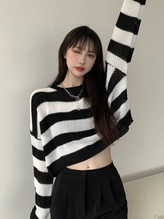 Women's Black And White Striped Sweater Autumn And Winter Sweater Long-sleeved Blouse