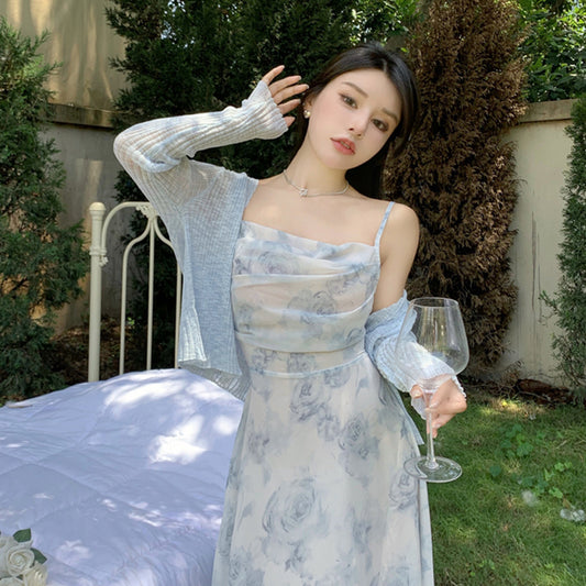 Ink Painting Suspender Dress Cardigan