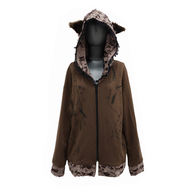 Dark Subculture Hooded Zip Ripped Sweatshirt Jacket