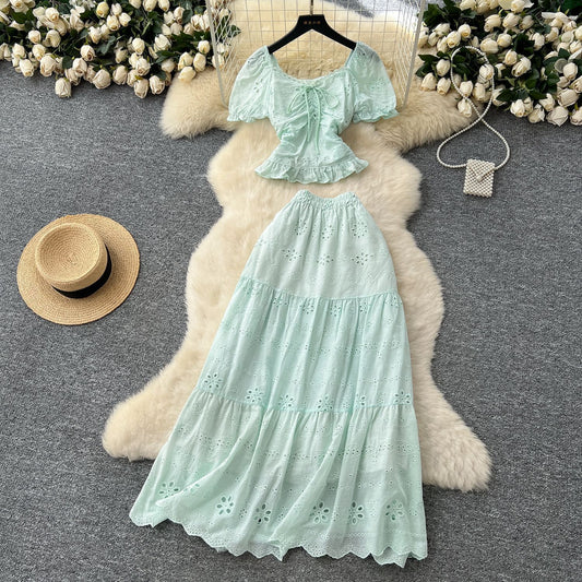 Womens Solid-Color, Defined-Waist, Square-Neck Puff-Sleeve Shirt And Skirt Set