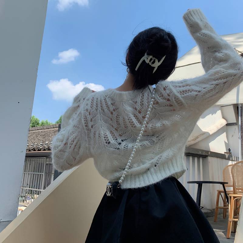 Hulstrikket Mohair Hvid Cardigan