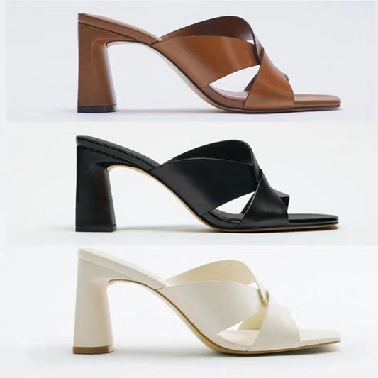 Women's Leather Square Toe High Heel Fashion Sandals