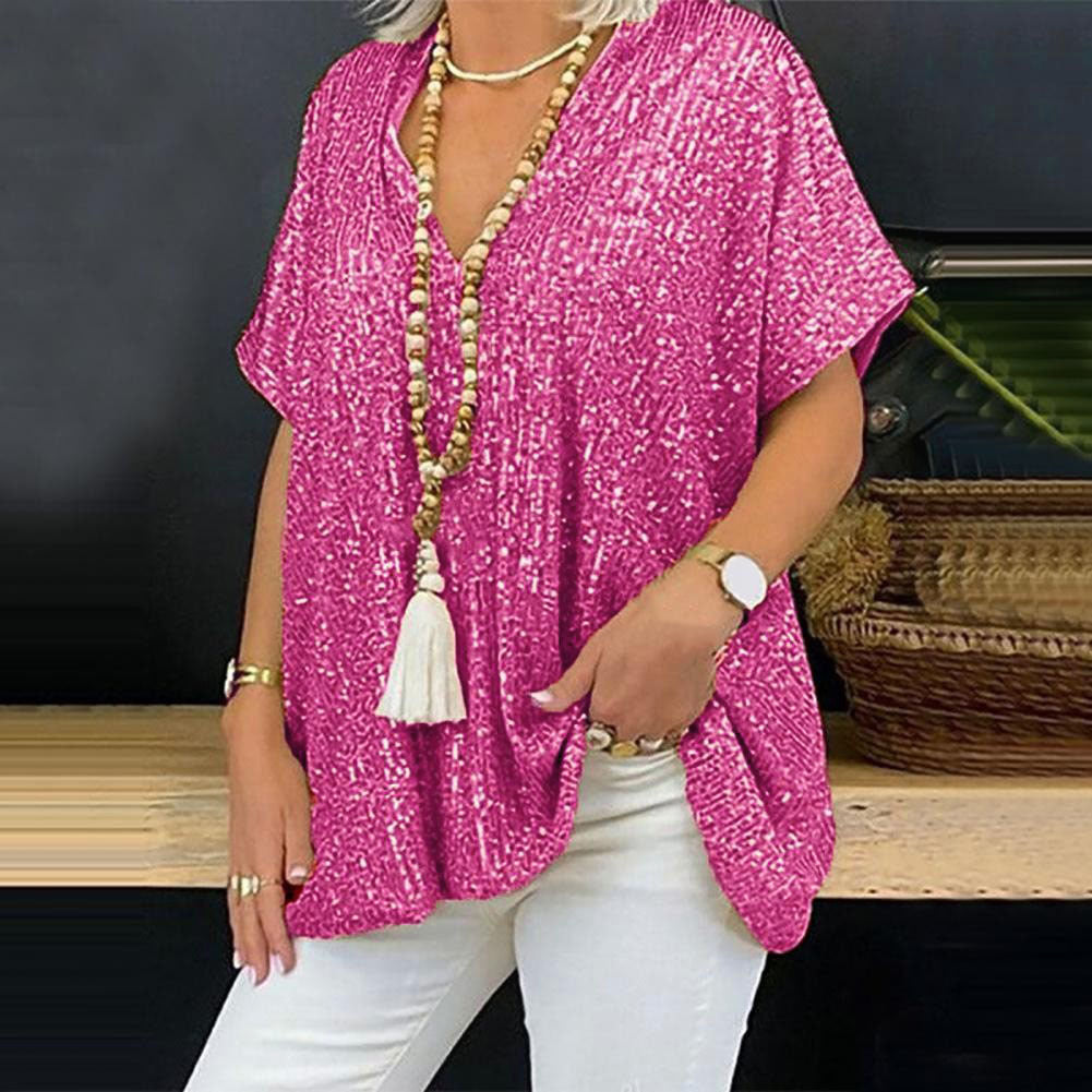 Loose Pullover Sequined V-neck T-shirt Top Women's Clothing