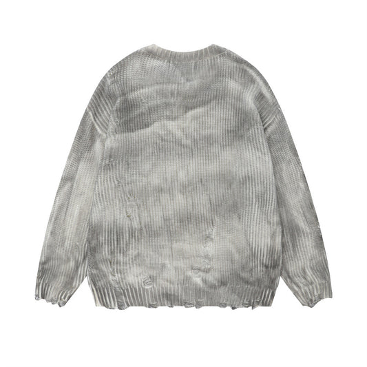 Distressed Dirty Round Neck Men's Spring And Autumn Sunken Stripe Twist Crocheted Ripped Pullover Sweater