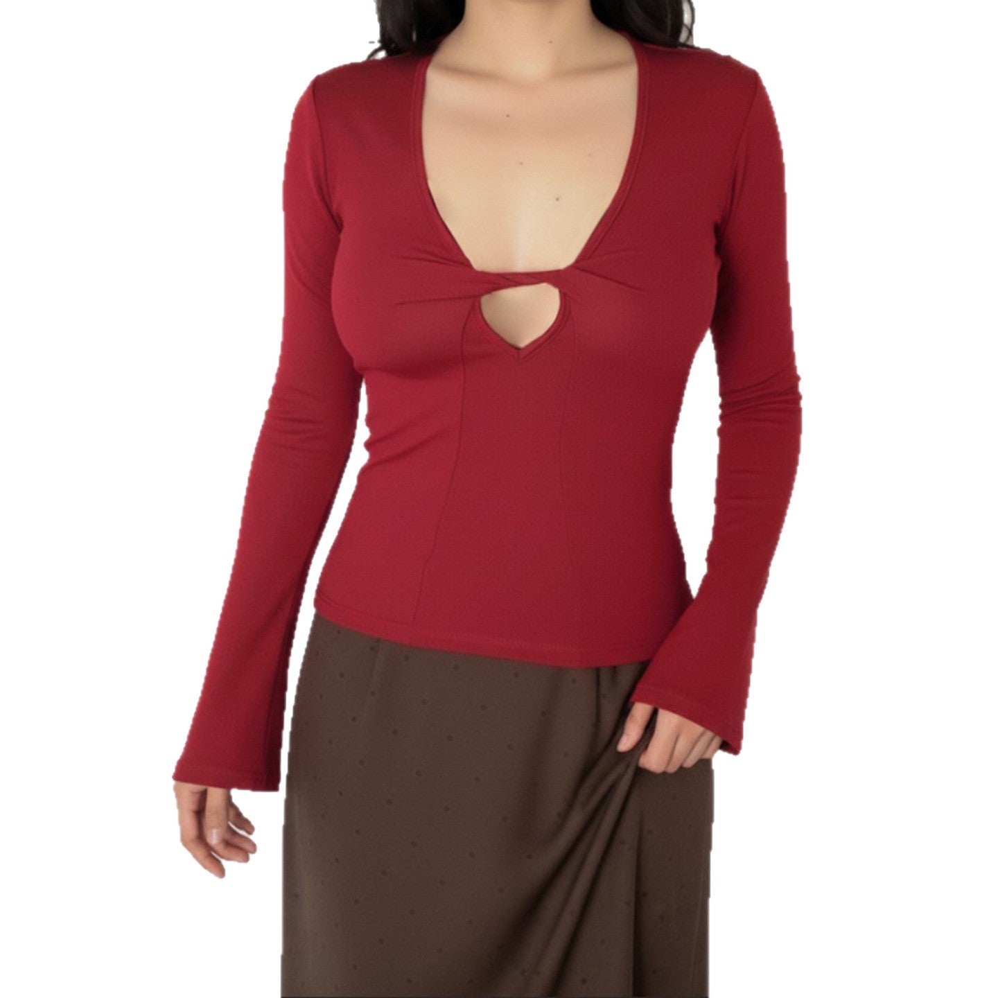 Deep V Long Sleeve Solid Color Sexy Slim-Fit Underwear Top