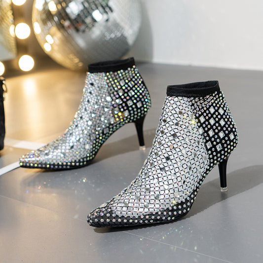 Women's Pointed Toe Stiletto Cutout Rhinestone Boots