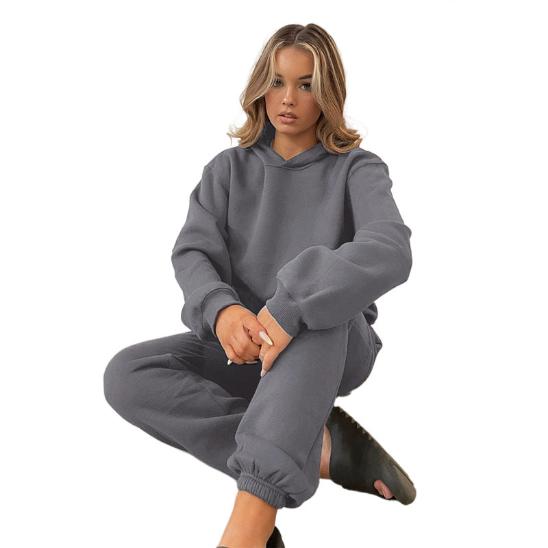 Solid-color Hooded Long-sleeve Sweatshirt And Pants Set For Fallwinter