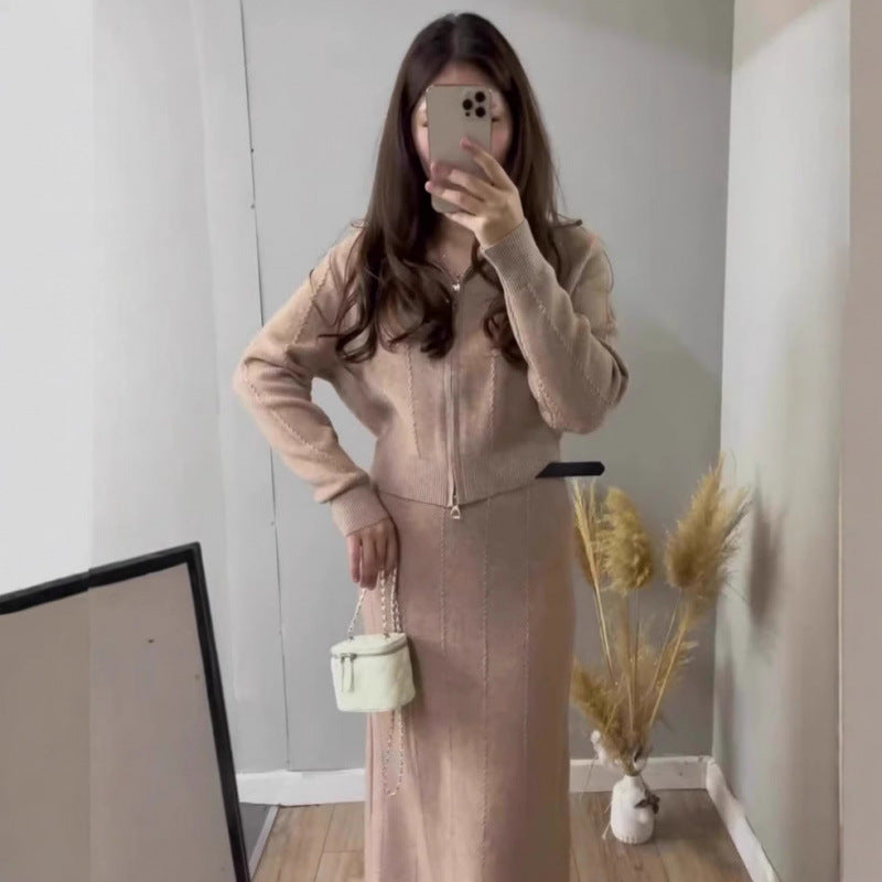 Solid-color Long-sleeve Zip-up Jacket And Skirt Fashion Set