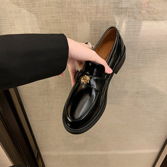 Genuine Leather Camellia Gold Buckle Round Head Pumps