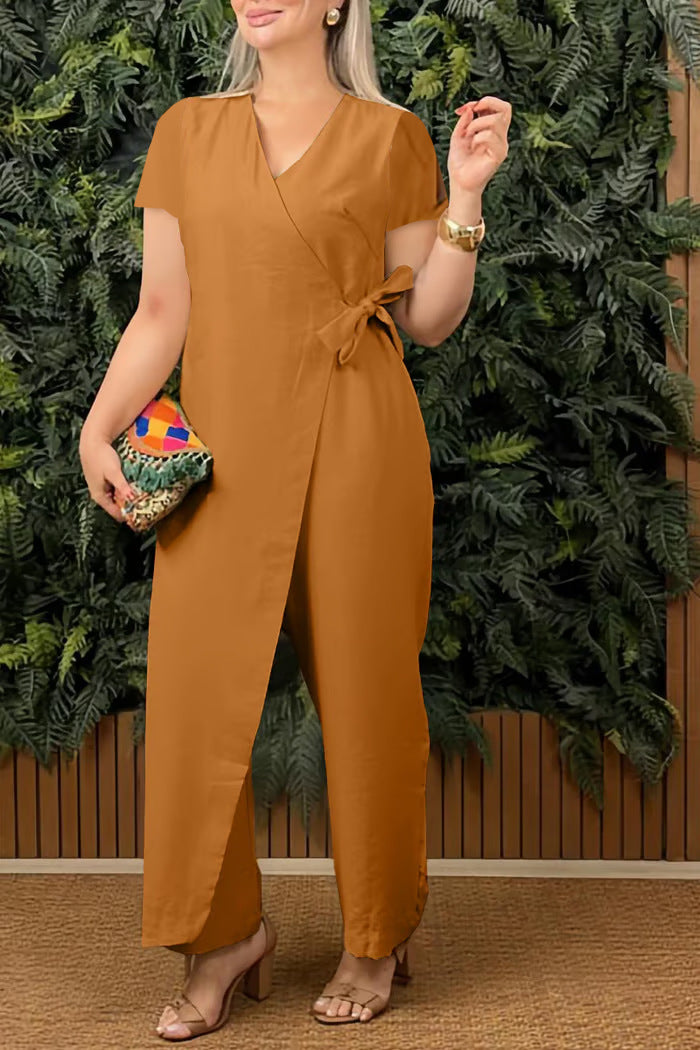 Women's Casual Loose V-neck Cross-strap Jumpsuit
