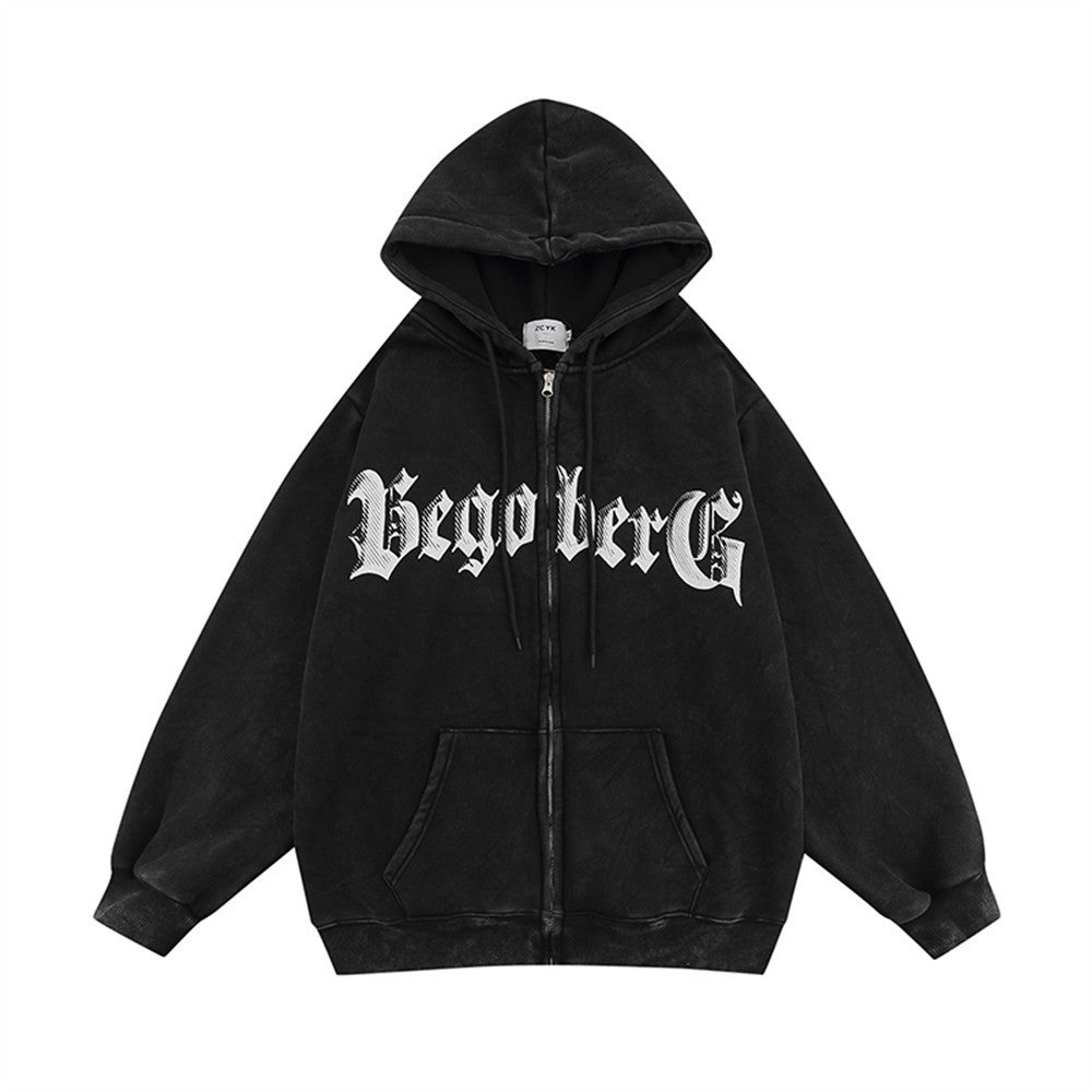 Creative Letters Printing Plus Velvet Hooded Cardigan Sweaters Menswear Loose Zipped Sports Coat
