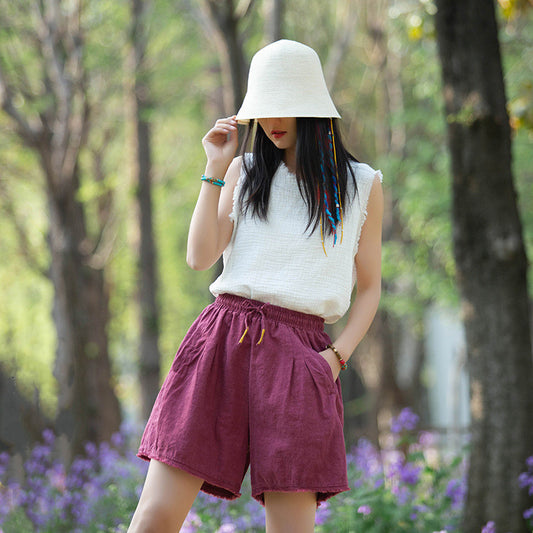 Vintage Raw-edged Drawstring Casual Loose Linen Five-point Wide-leg Pants