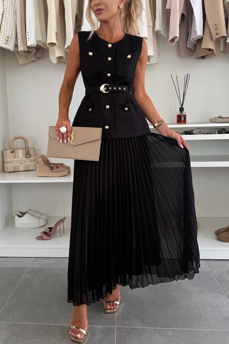 Sleeveless Chanel-style Vest Paired With A Mesh Pleated Skirt Two-piece Set