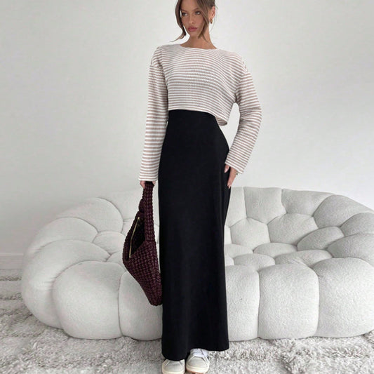 American Style Striped Long Sleeve T-shirt And Suspender Dress Set