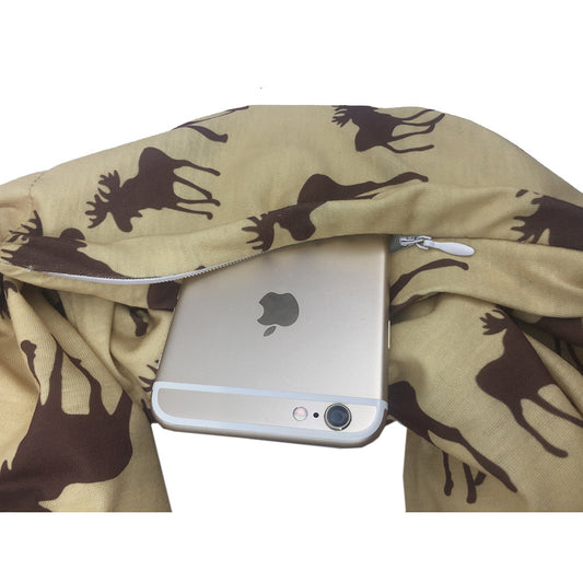 Christmas Themed Elk Print Zipper Pocket Scarf