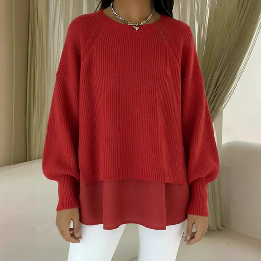 Solid Color Casual Crew Neck Sweater With A Chiffon Hem And Puff Sleeves