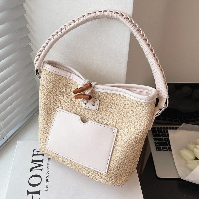 Versatile One-shoulder Bucket Woven Straw Bag