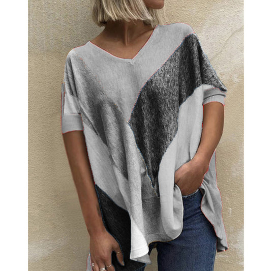 Women's V Neck Colorblock Print T Shirt Loose Casual Top