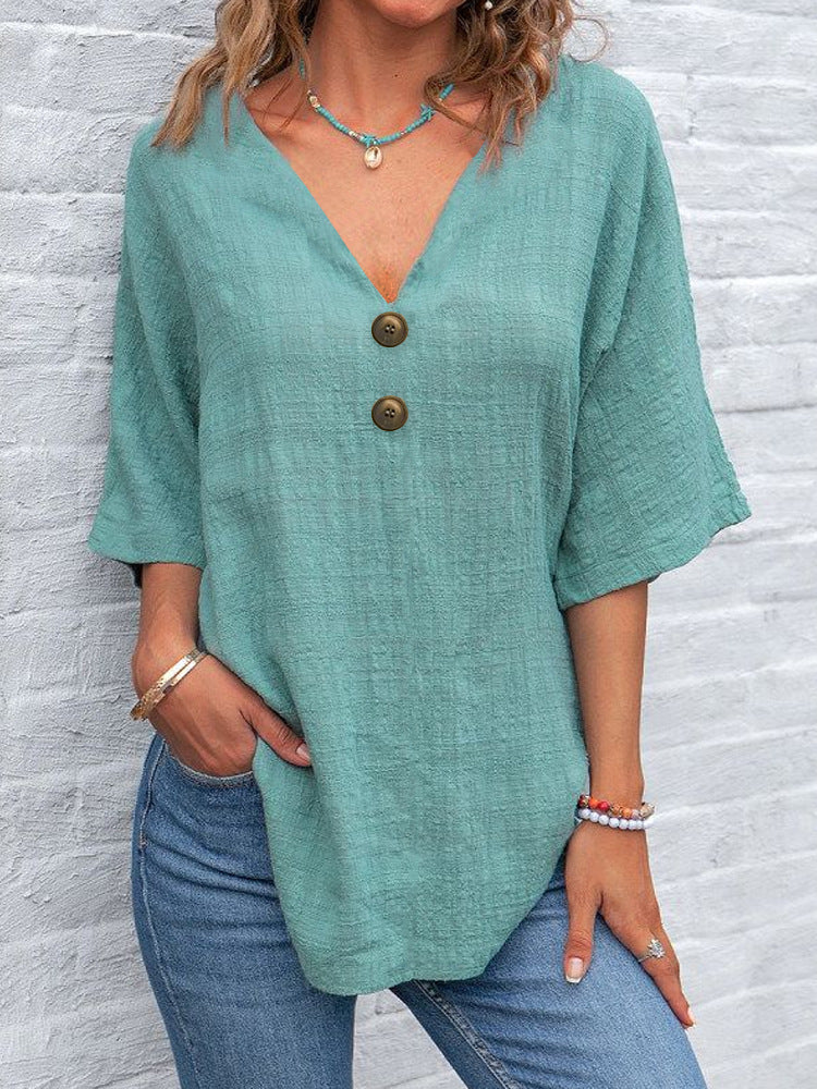 Casual V-neck Short Sleeve Regular Pullover Multi-color Women's Button Top