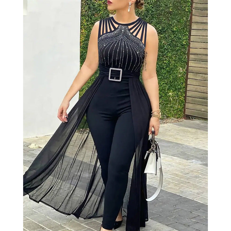 Waistband Solid Color Temperament Mesh Long Dress