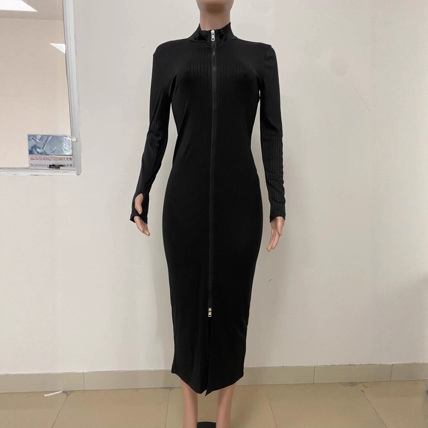 Threaded Thumb-Lock Long-Sleeve Slim-Fit Sexy Cardigan Zipper Dress