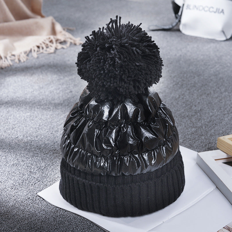 Women's Down Shiny Knit Hat With Fur Ball