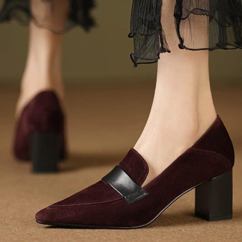 Womens Pointed-toe Loafers Chunky-heel High Heels Work Shoes