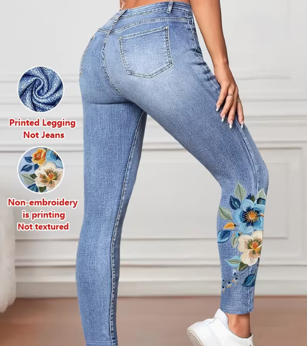 Mønstrede Leggings - Ikke-denim Stof, Imitationsdenim Stramme Bukser til Kvinder