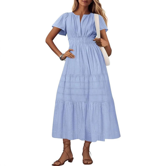 Vneck Pleated Puff Sleeve Layered Maxi Dress For Women
